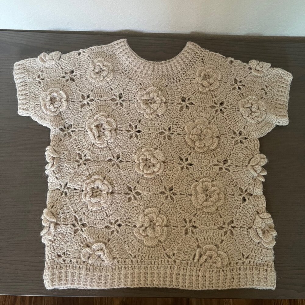 Current Air Crochet Floral Scoop Neck Sweater in Beige